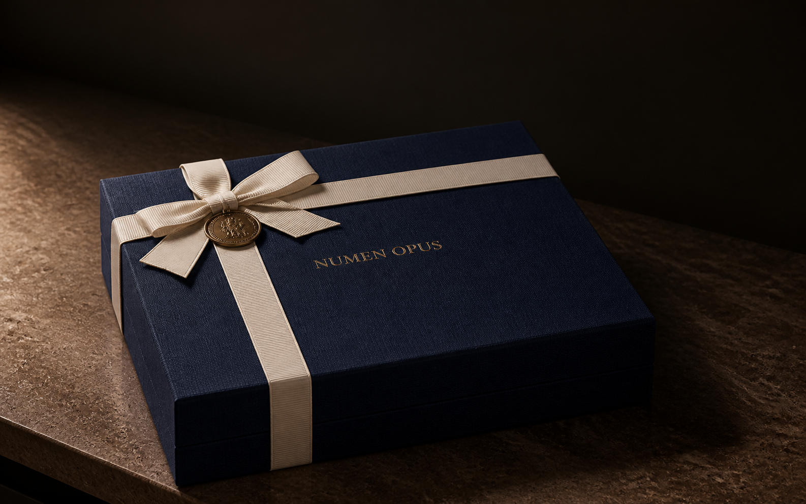 Closed Atelier Numen presentation box tied with an ivory ribbon