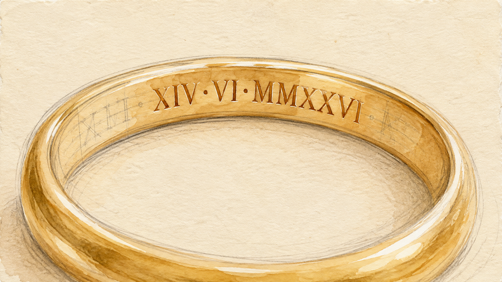 Pencil and watercolour study of a gold band, the date XIV·VI·MMXXVI cut into its inner face.