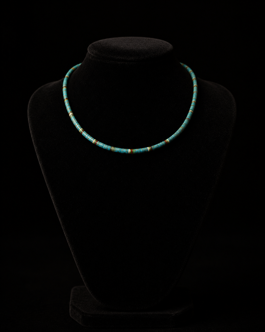 Ancient necklace displayed on a black velvet bust