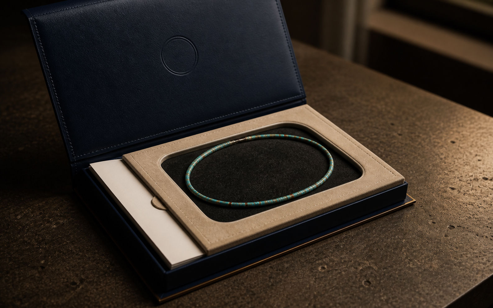 The necklace inside its open Atelier Numen presentation box