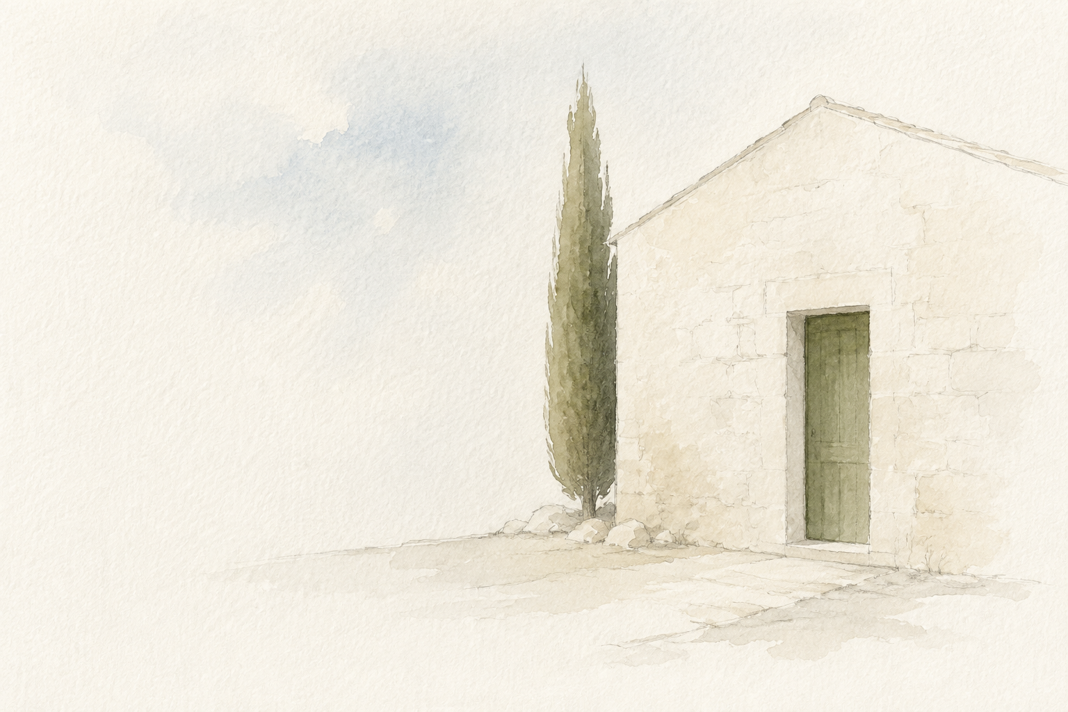 Minimal pencil and watercolour illustration of The House, a Mediterranean jewellery workshop