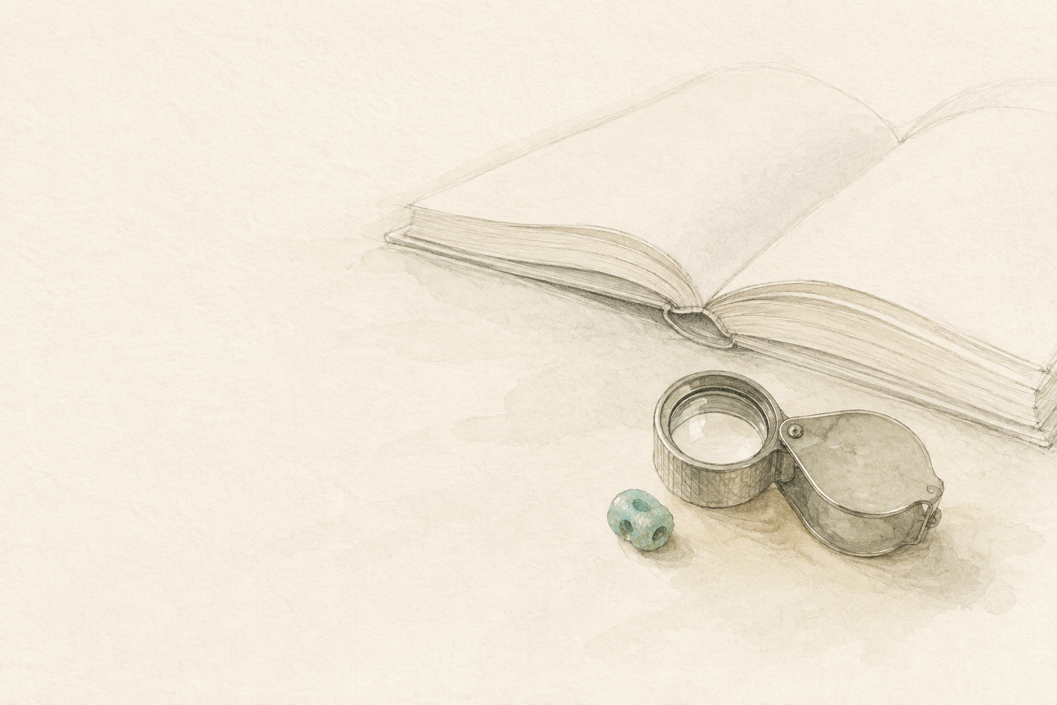 Minimal watercolour illustration of an ancient glass bead, a jeweller's loupe and an open history reference book
