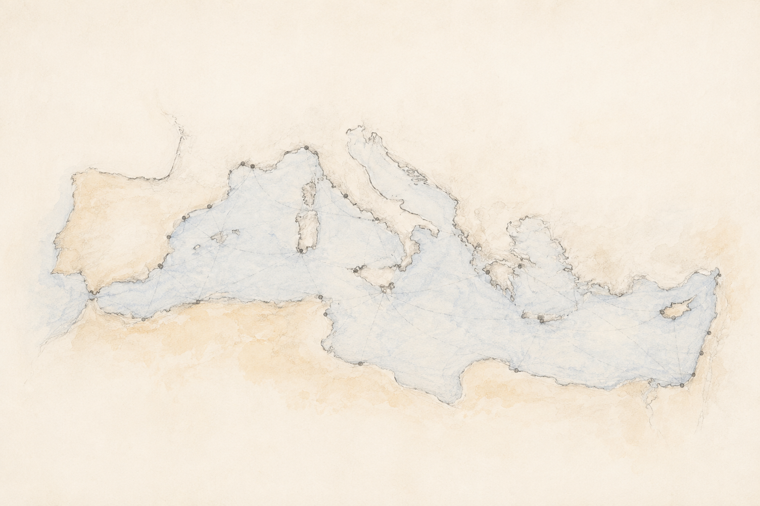 Restrained pencil and watercolour map of the Phoenician Mediterranean