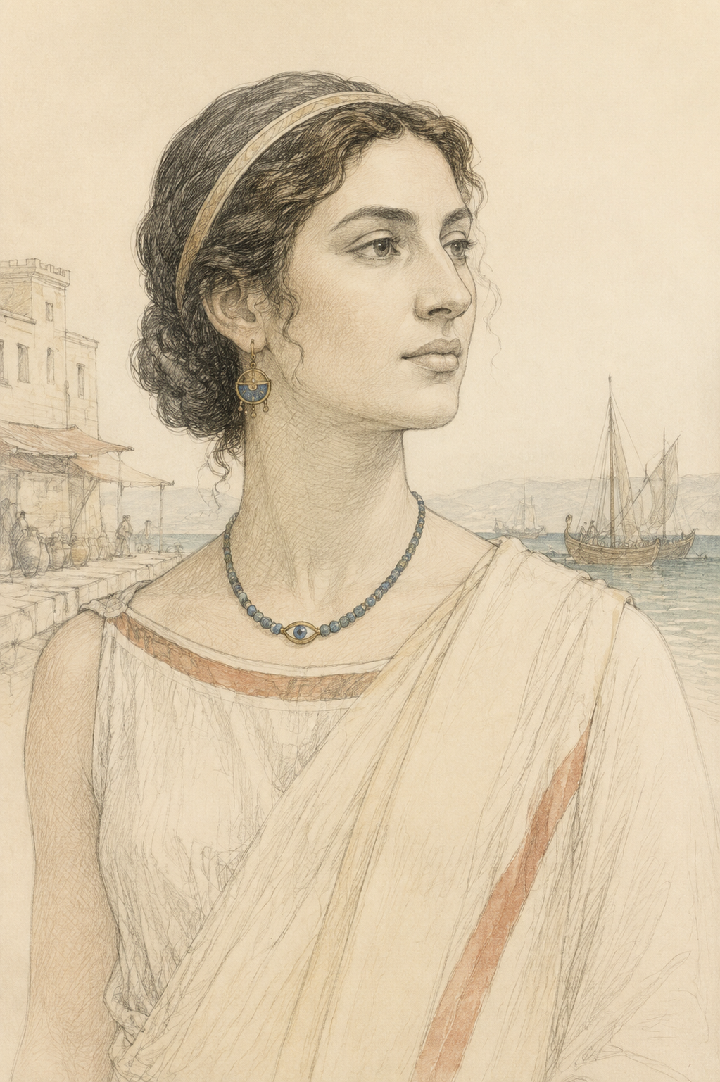 Pencil and watercolour reconstruction of a woman in a Phoenician port wearing an eye-bead necklace