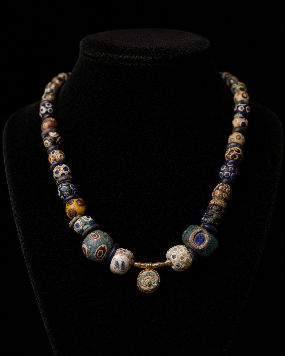 Phoenician glass and gold eye-bead necklace on a black velvet bust