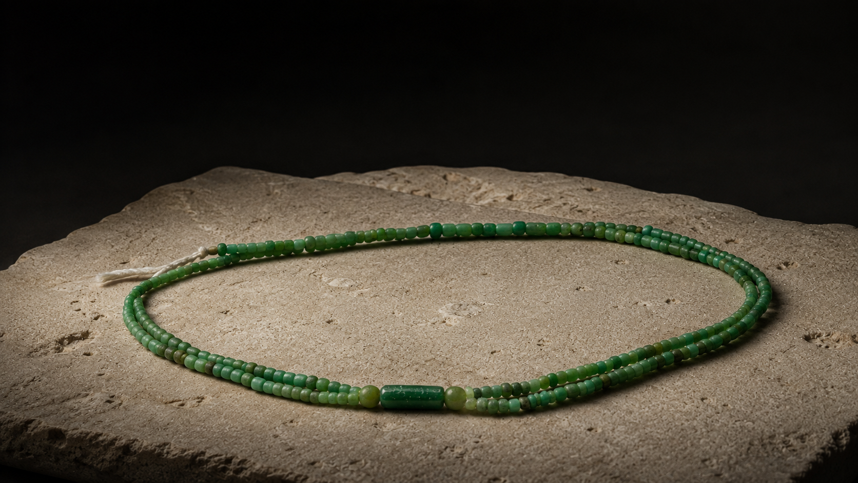 Roman green glass bead necklace arranged on limestone