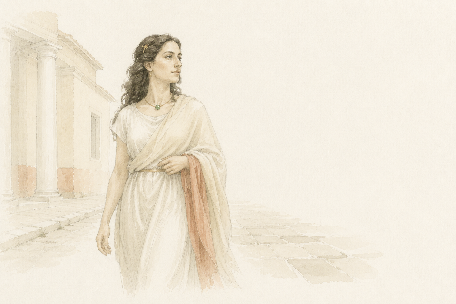 Pencil and watercolour reconstruction of a Roman woman of rank walking through a Roman street in a green glass necklace