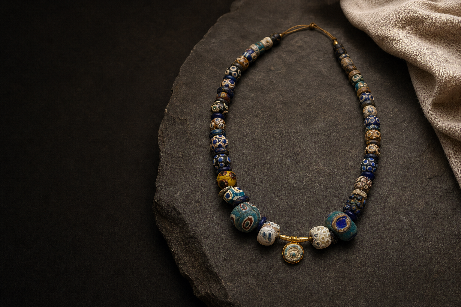 Phoenician polychrome eye-bead necklace arranged on dark stone